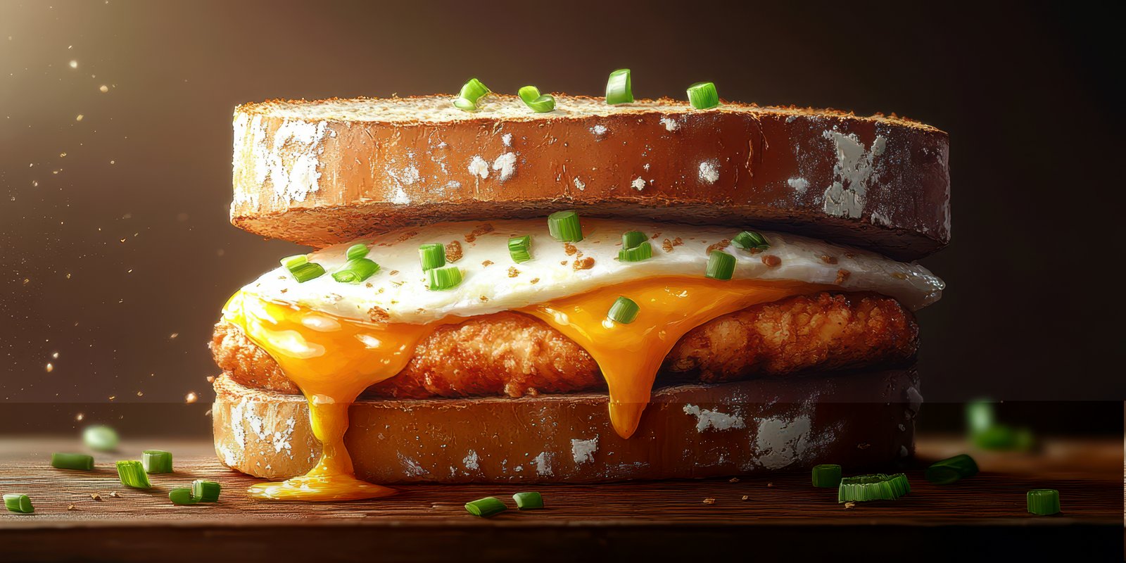Delicious chicken sandwich with melted cheese and fried egg served on toasted bread